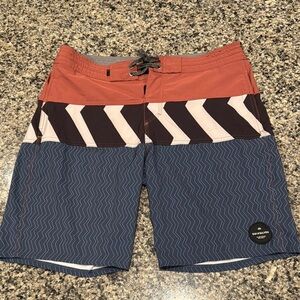 Quiksilver Coral and Navy Color Blocked Board Shorts